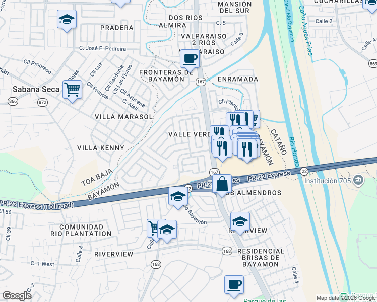 map of restaurants, bars, coffee shops, grocery stores, and more near 100 Cll Río Espiritu Santo South in Bayamón