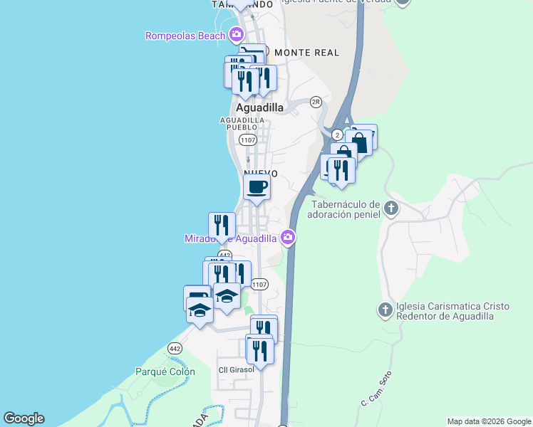 map of restaurants, bars, coffee shops, grocery stores, and more near Highway 111R in Aguadilla
