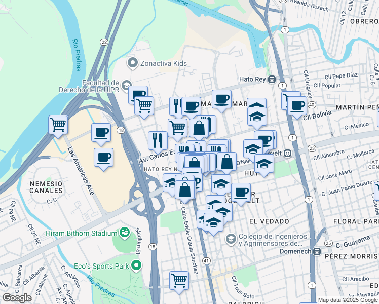 map of restaurants, bars, coffee shops, grocery stores, and more near in San Juan