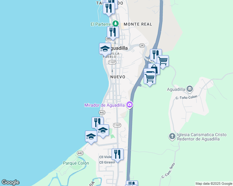 map of restaurants, bars, coffee shops, grocery stores, and more near Route 111R in Aguadilla