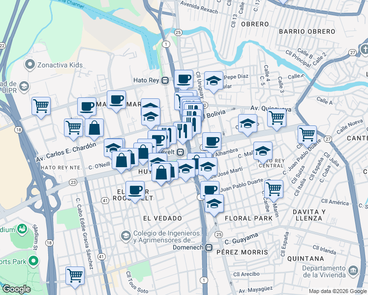 map of restaurants, bars, coffee shops, grocery stores, and more near 270 Avenida Luis Muñoz Rivera in San Juan