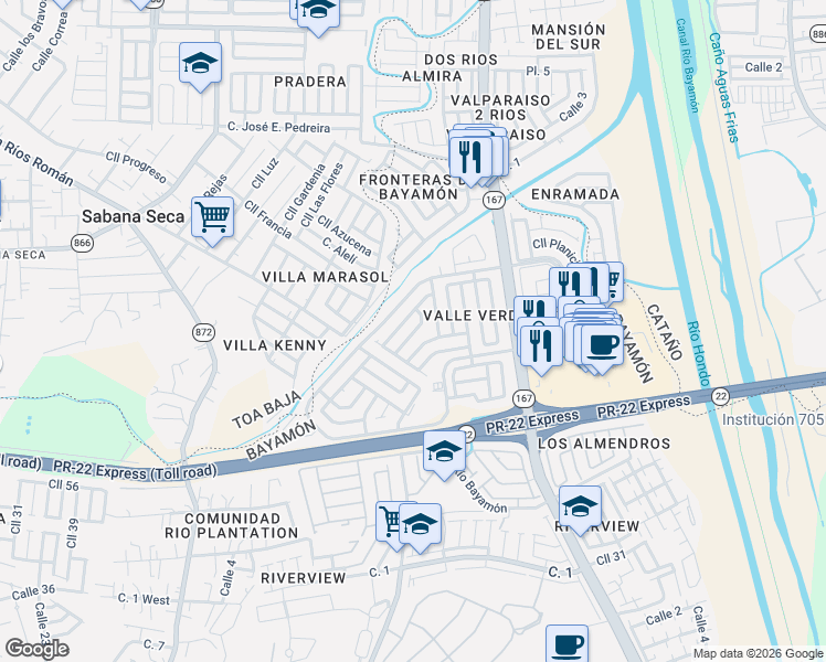 map of restaurants, bars, coffee shops, grocery stores, and more near Calle Río Morovis in Bayamón