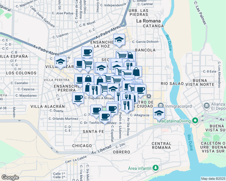 map of restaurants, bars, coffee shops, grocery stores, and more near Calle Espaillat in La Romana