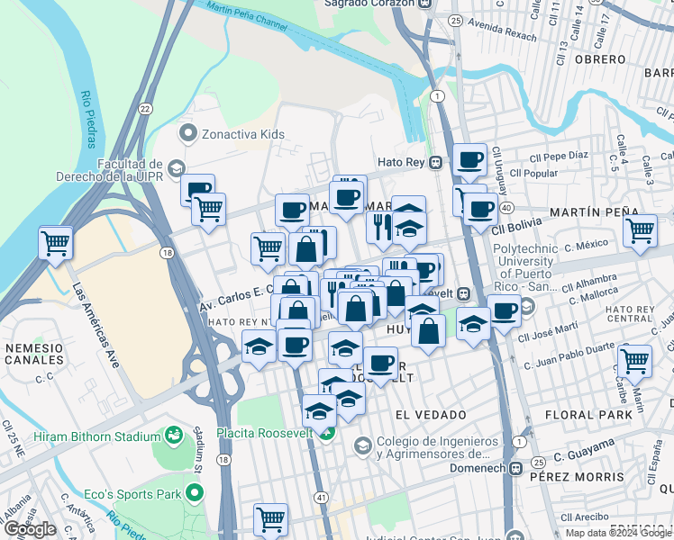 map of restaurants, bars, coffee shops, grocery stores, and more near Calle Carlos F. Chardón in San Juan
