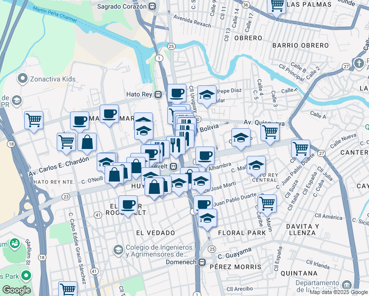 map of restaurants, bars, coffee shops, grocery stores, and more near 268 Avenida Juan Ponce de León in San Juan