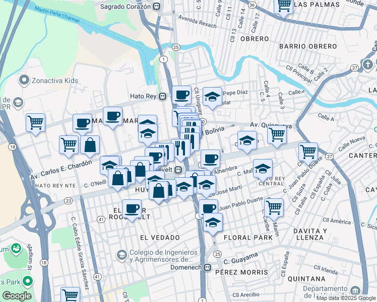 map of restaurants, bars, coffee shops, grocery stores, and more near 268 Avenida Juan Ponce de León in San Juan