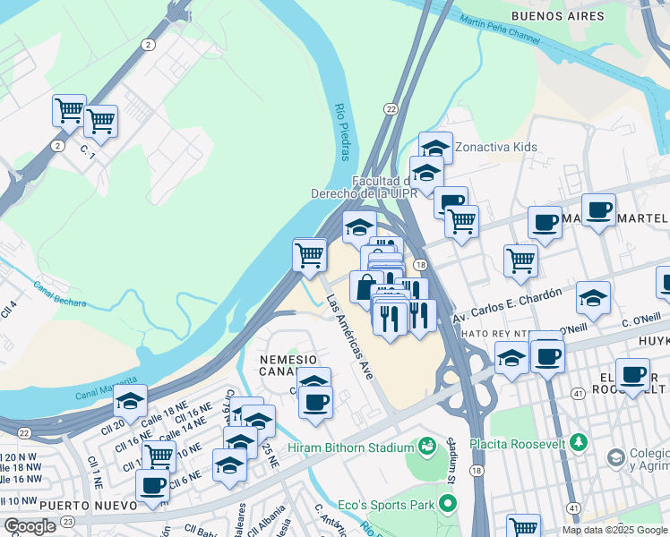 map of restaurants, bars, coffee shops, grocery stores, and more near Calle Juan Calaf in San Juan