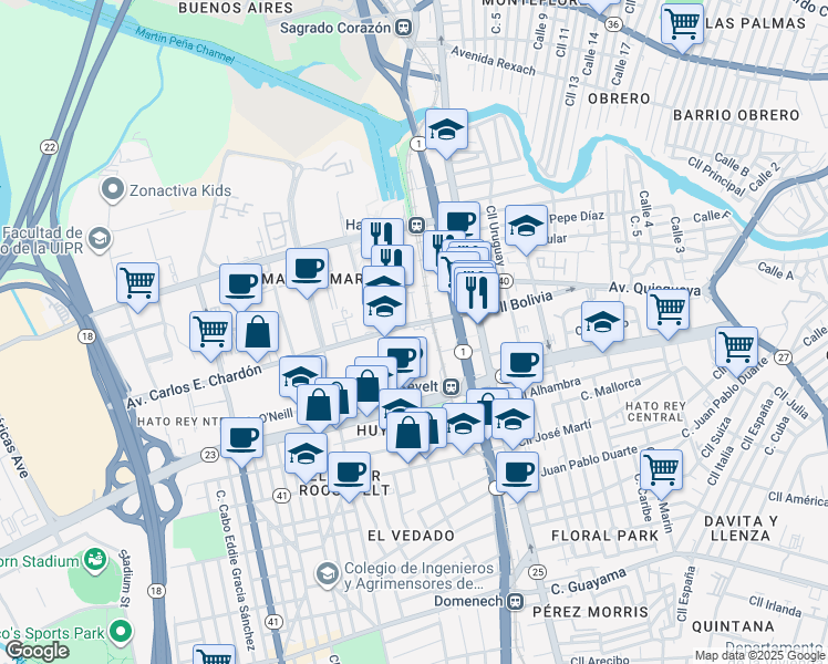 map of restaurants, bars, coffee shops, grocery stores, and more near Calle Carlos F. Chardón in San Juan