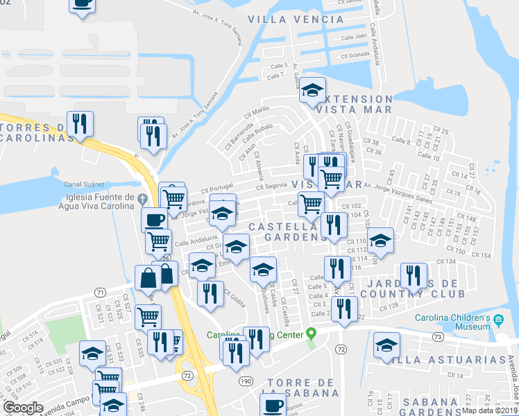 map of restaurants, bars, coffee shops, grocery stores, and more near 9 Calle Cataluña in Carolina