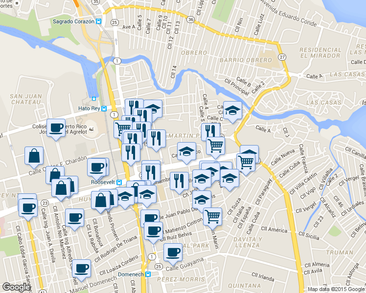 map of restaurants, bars, coffee shops, grocery stores, and more near 158 Calle Lafayette in San Juan