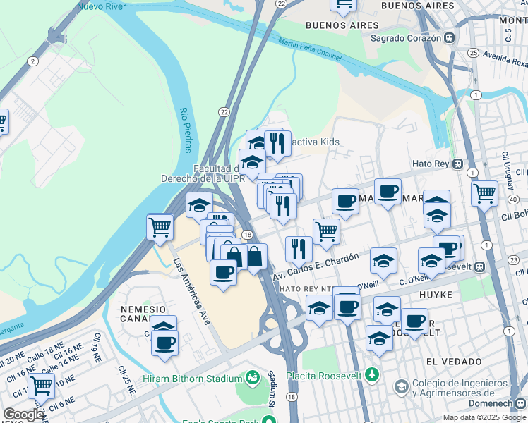 map of restaurants, bars, coffee shops, grocery stores, and more near Calle Juan Calaf in San Juan