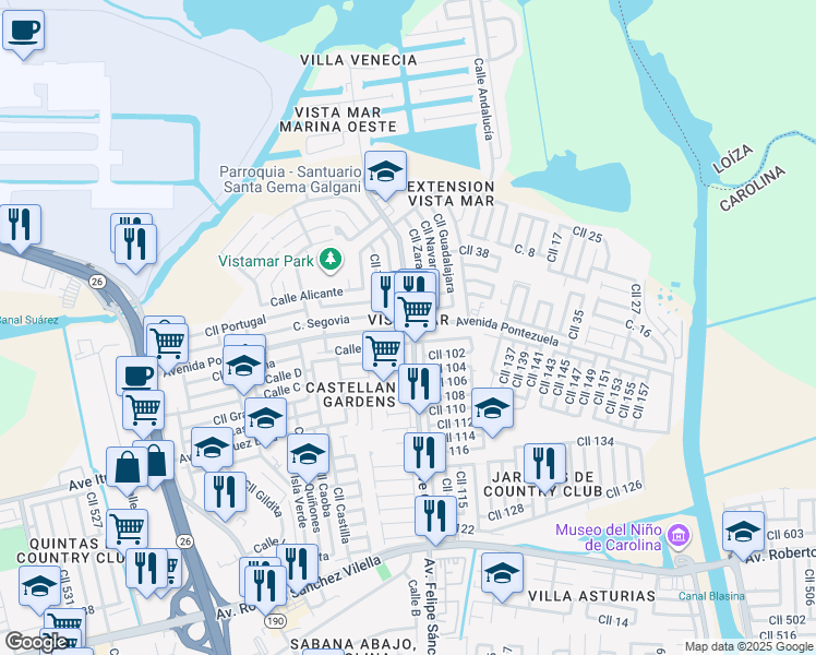 map of restaurants, bars, coffee shops, grocery stores, and more near Avenida Pontezuela in Carolina
