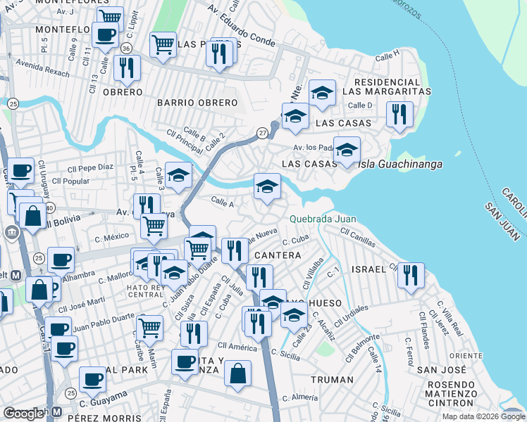 map of restaurants, bars, coffee shops, grocery stores, and more near Calle 11 in San Juan