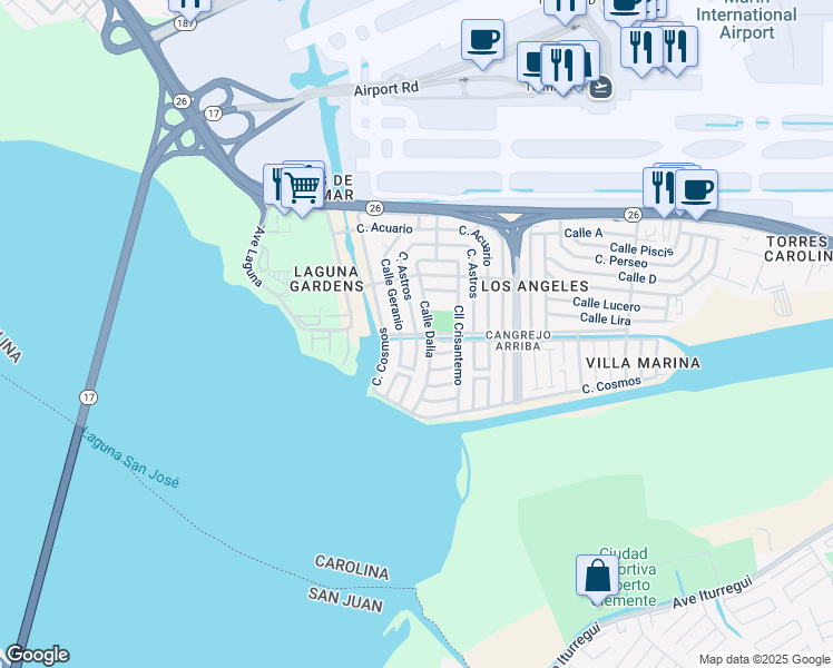 map of restaurants, bars, coffee shops, grocery stores, and more near Calle Gardenia in Carolina