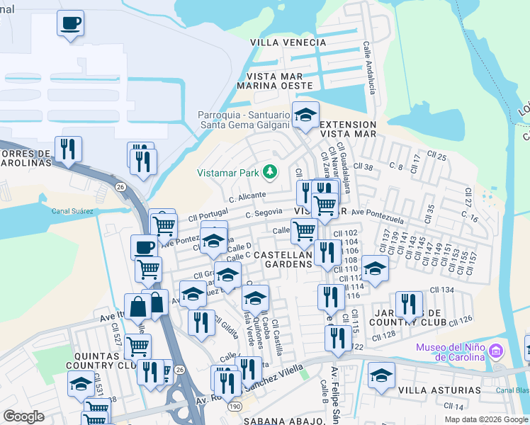 map of restaurants, bars, coffee shops, grocery stores, and more near Calle Segovia in Carolina