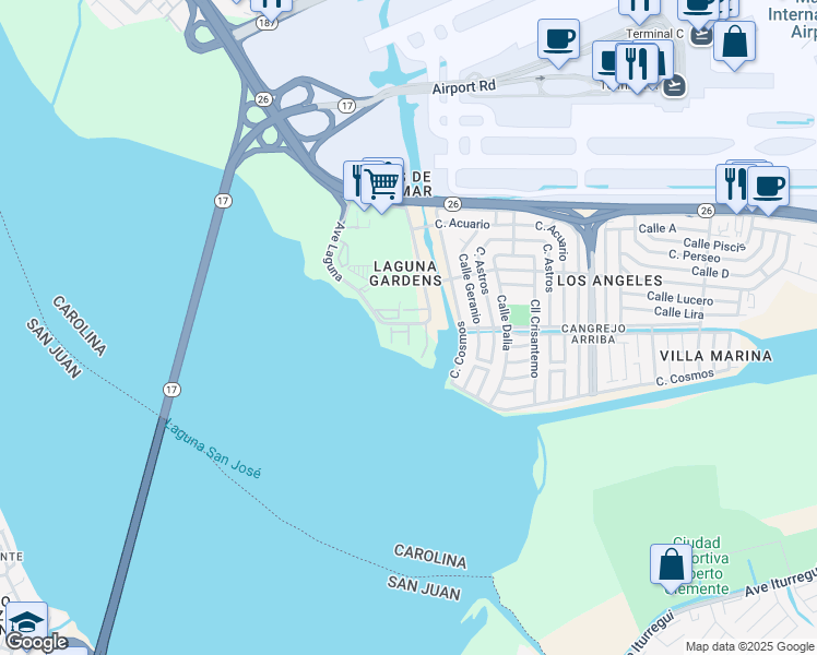map of restaurants, bars, coffee shops, grocery stores, and more near 19-25 Ave Laguna in Carolina