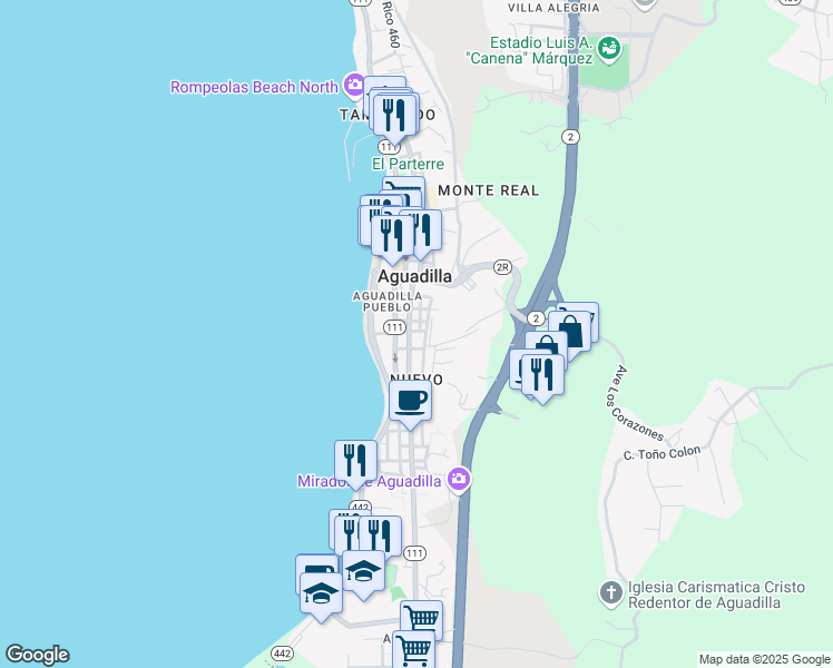 map of restaurants, bars, coffee shops, grocery stores, and more near in Aguadilla