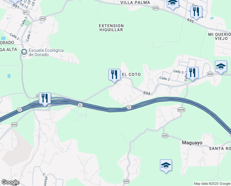 map of restaurants, bars, coffee shops, grocery stores, and more near Highway 694 in Dorado