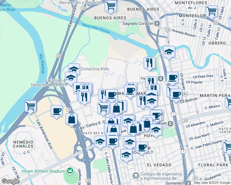 map of restaurants, bars, coffee shops, grocery stores, and more near Cll Jose Oliver in San Juan