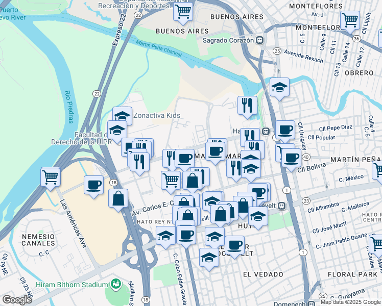 map of restaurants, bars, coffee shops, grocery stores, and more near 210 Calle Jose Oliver in San Juan