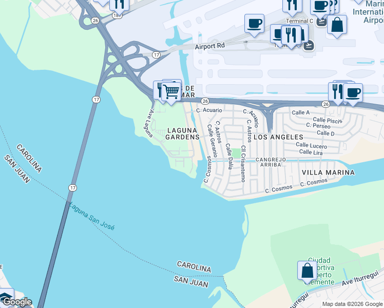 map of restaurants, bars, coffee shops, grocery stores, and more near 19-25 Ave Laguna in Carolina