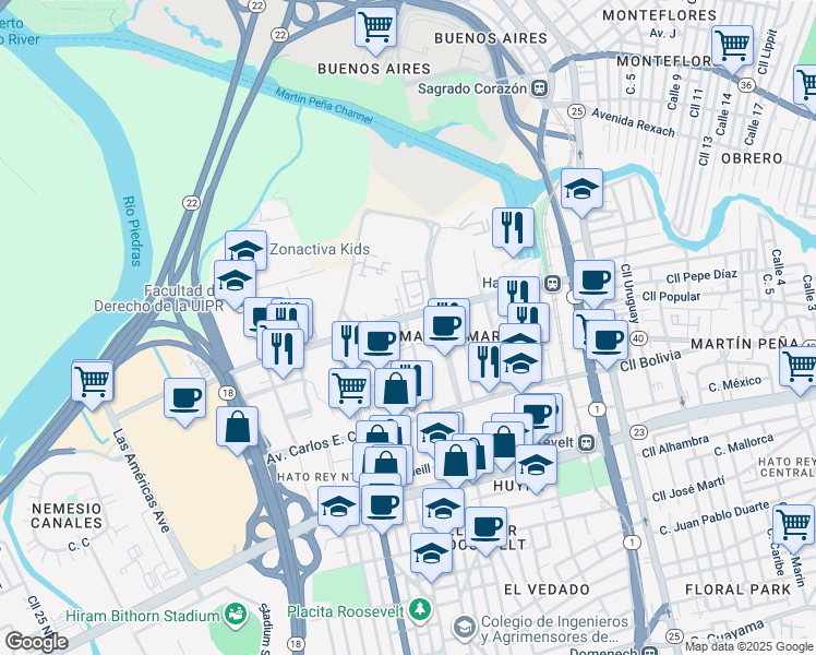 map of restaurants, bars, coffee shops, grocery stores, and more near Cll Jose Oliver in San Juan