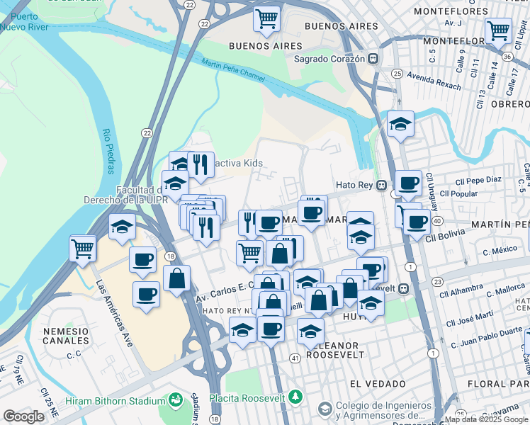 map of restaurants, bars, coffee shops, grocery stores, and more near Avenida Arterial B in San Juan