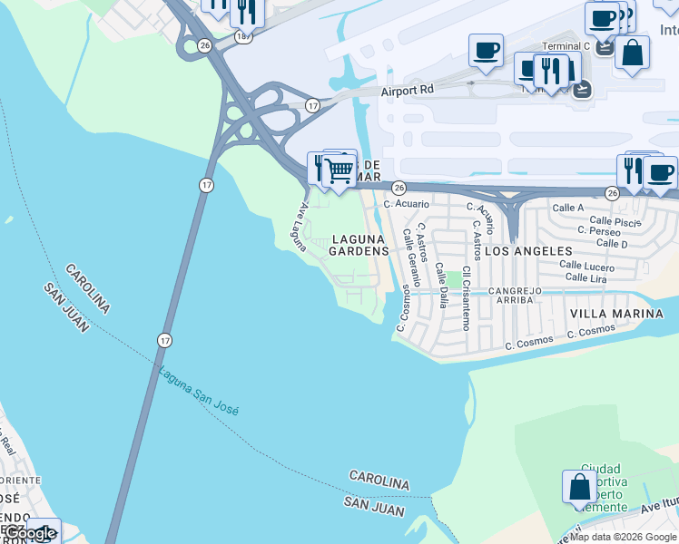 map of restaurants, bars, coffee shops, grocery stores, and more near 19-25 Ave Laguna in Carolina