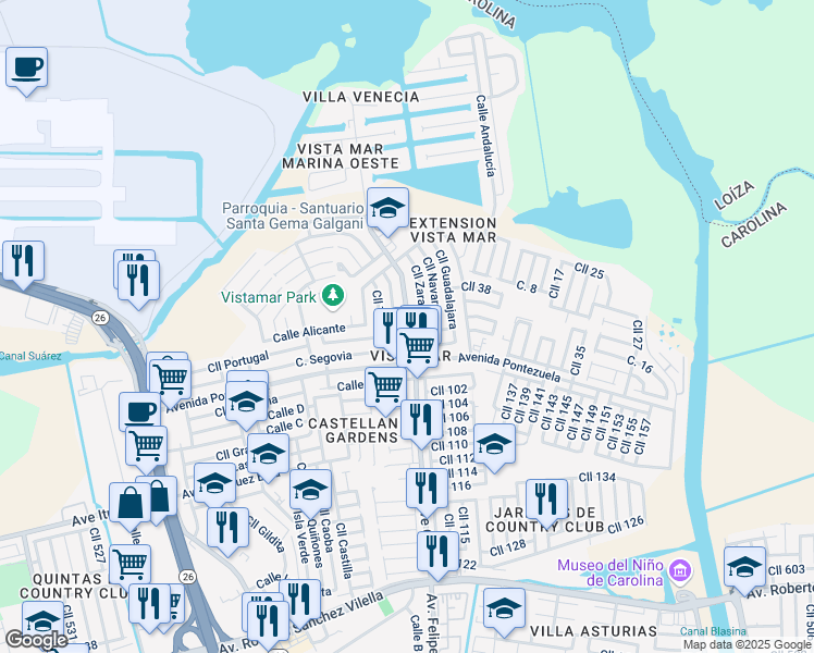 map of restaurants, bars, coffee shops, grocery stores, and more near 905 Avenida Galicia in Carolina