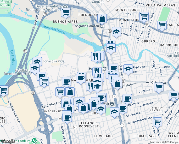 map of restaurants, bars, coffee shops, grocery stores, and more near in San Juan