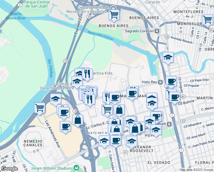 map of restaurants, bars, coffee shops, grocery stores, and more near 210 Calle Jose Oliver in San Juan