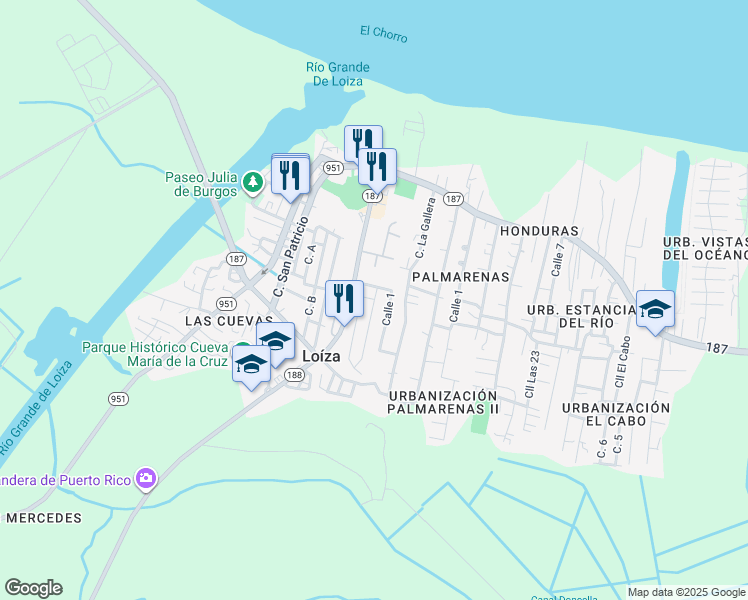 map of restaurants, bars, coffee shops, grocery stores, and more near Calle 2 in Loíza