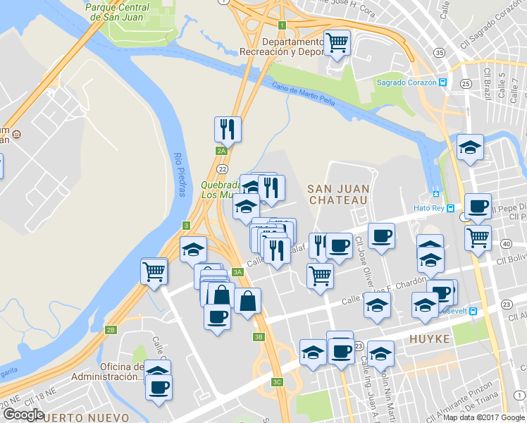 map of restaurants, bars, coffee shops, grocery stores, and more near Calle Angel Buonomo in San Juan