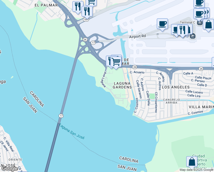 map of restaurants, bars, coffee shops, grocery stores, and more near 27-33 Ave Laguna in Carolina
