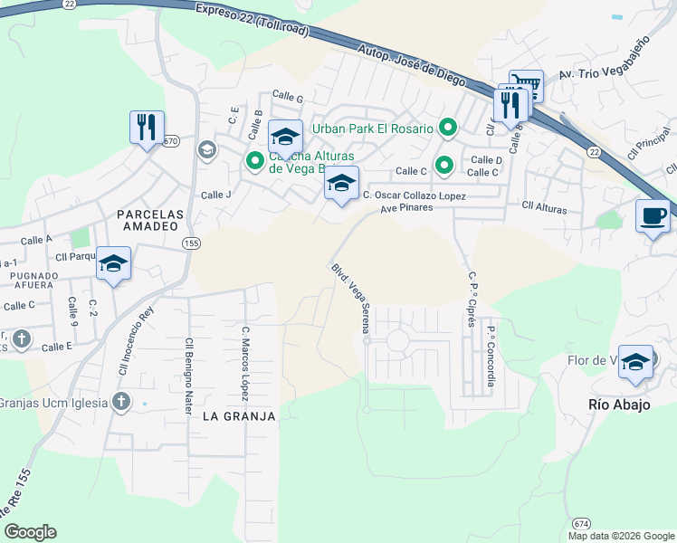 map of restaurants, bars, coffee shops, grocery stores, and more near Boulevard Vega Serena in Vega Baja