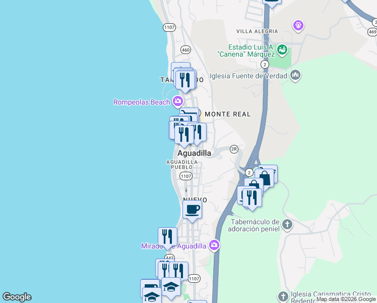 map of restaurants, bars, coffee shops, grocery stores, and more near in Aguadilla