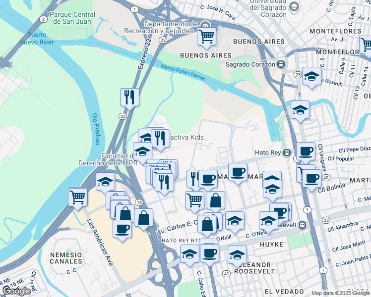 map of restaurants, bars, coffee shops, grocery stores, and more near Calle Angel Buonomo in San Juan