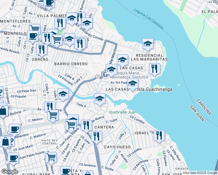 map of restaurants, bars, coffee shops, grocery stores, and more near 1115-1131 Calle Santa Elena in San Juan