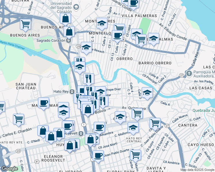 map of restaurants, bars, coffee shops, grocery stores, and more near in San Juan