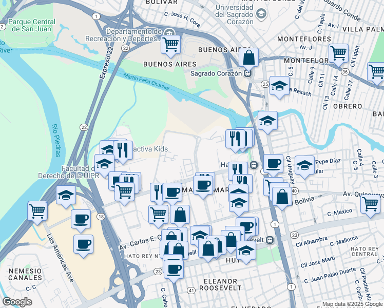 map of restaurants, bars, coffee shops, grocery stores, and more near 130 Avenida Licenciado Eugenio María de Hostos in San Juan