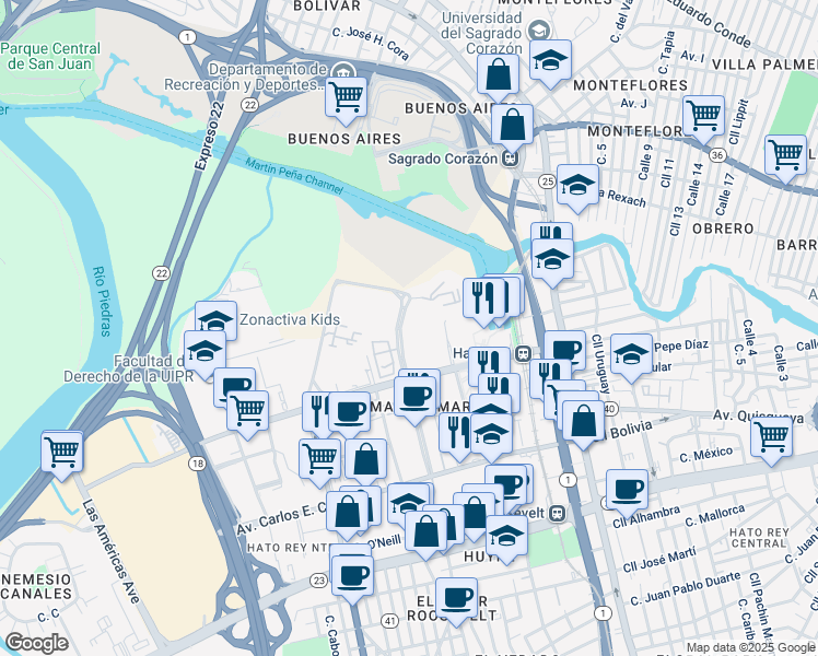 map of restaurants, bars, coffee shops, grocery stores, and more near 130 Avenida Licenciado Eugenio María de Hostos in San Juan