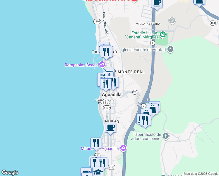 map of restaurants, bars, coffee shops, grocery stores, and more near 38 Calle Muñoz Rivera in Aguadilla Pueblo