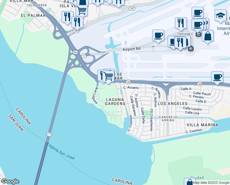 map of restaurants, bars, coffee shops, grocery stores, and more near 13-17 Avenida Laguna in Carolina