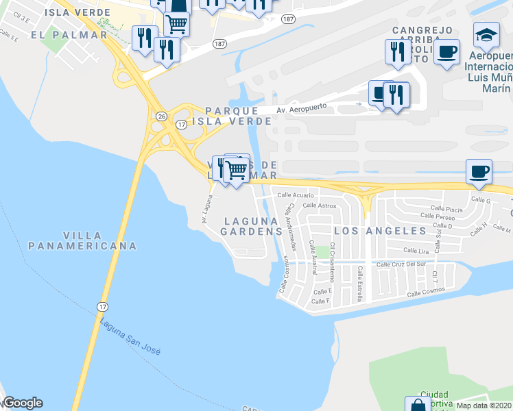 map of restaurants, bars, coffee shops, grocery stores, and more near 13 Avenida Laguna in Carolina