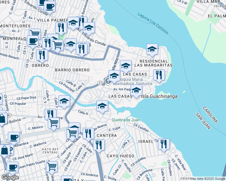 map of restaurants, bars, coffee shops, grocery stores, and more near 1115 Calle Santa Elena in San Juan