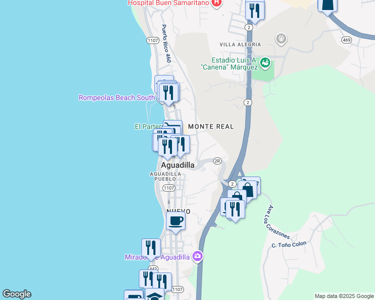 map of restaurants, bars, coffee shops, grocery stores, and more near Highway 111R in Aguadilla