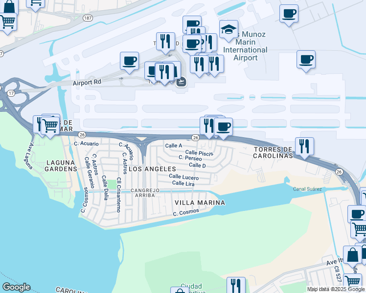 map of restaurants, bars, coffee shops, grocery stores, and more near 1-53 Calle Piscis in Carolina