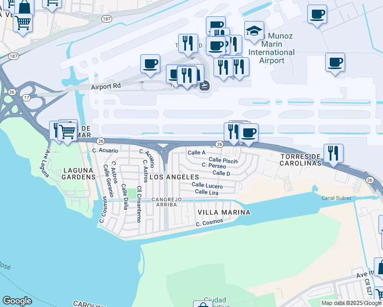 map of restaurants, bars, coffee shops, grocery stores, and more near 1 Calle Piscis in Carolina
