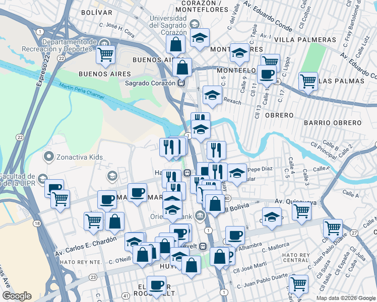 map of restaurants, bars, coffee shops, grocery stores, and more near Avenida Arterial B in San Juan