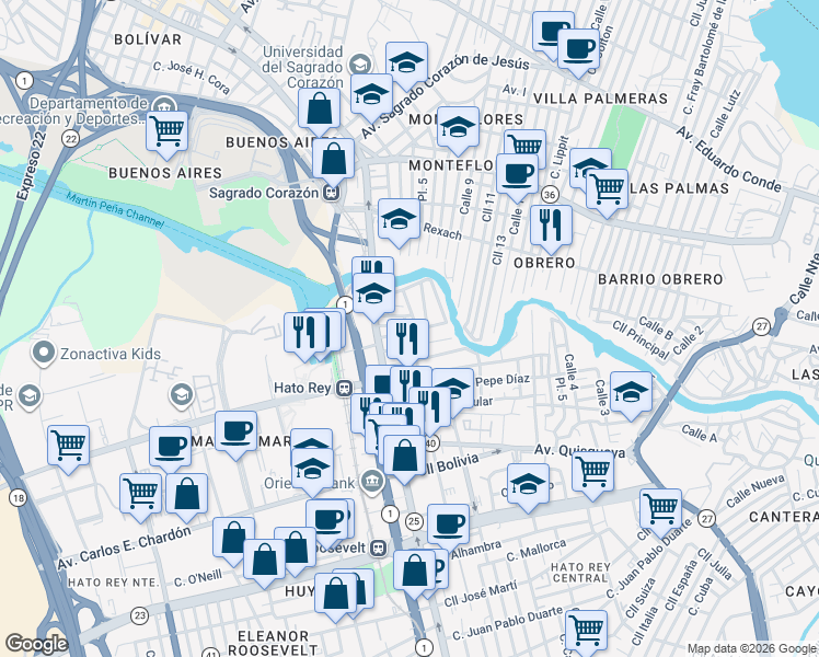 map of restaurants, bars, coffee shops, grocery stores, and more near in San Juan